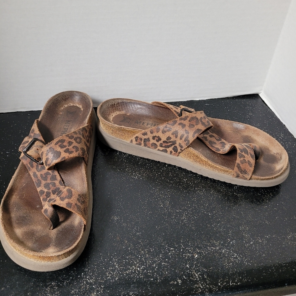 Mephisto Leopard Print Brown Leather Slide Sandals